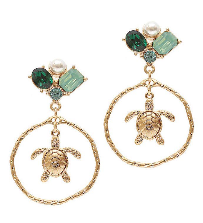 Gold Multi Stone Green Crystal Mix Turtle Earring